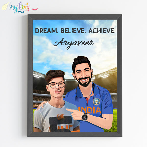 Load image into Gallery viewer, &#39;Cricket Champ with Jasprit Bumrah&#39; Personalized Portrait (Framed)
