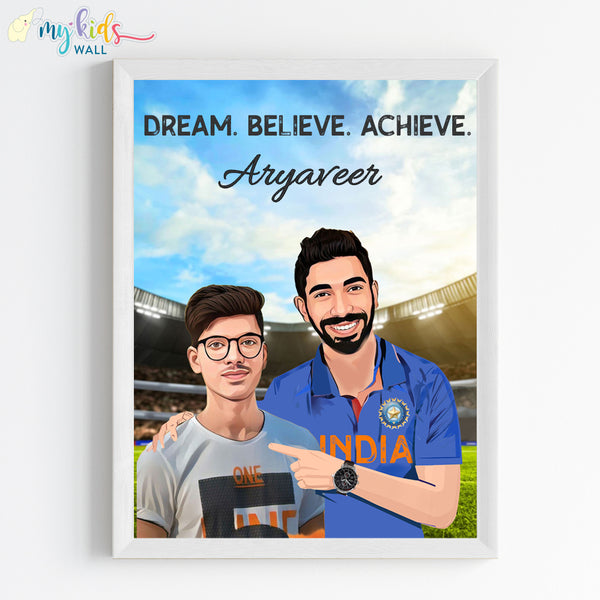 Load image into Gallery viewer, &#39;Cricket Champ with Jasprit Bumrah&#39; Personalized Portrait (Framed)
