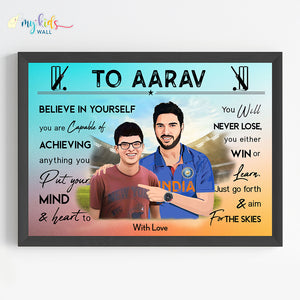 'Cricket Champ with Yuvraj Singh' Personalized Motivational Portrait (Framed) New