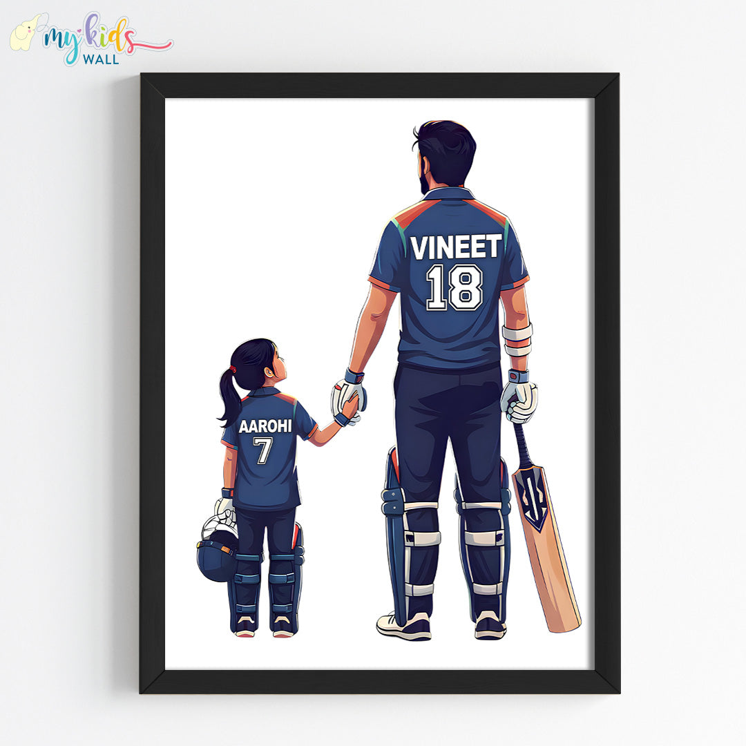 Cricketer Father & Daughter Personalized Wall Art (Framed)
