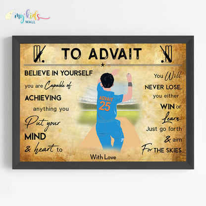 Cricket Player Right Arm Bowler Personalized Motivational Wall Art (Framed)