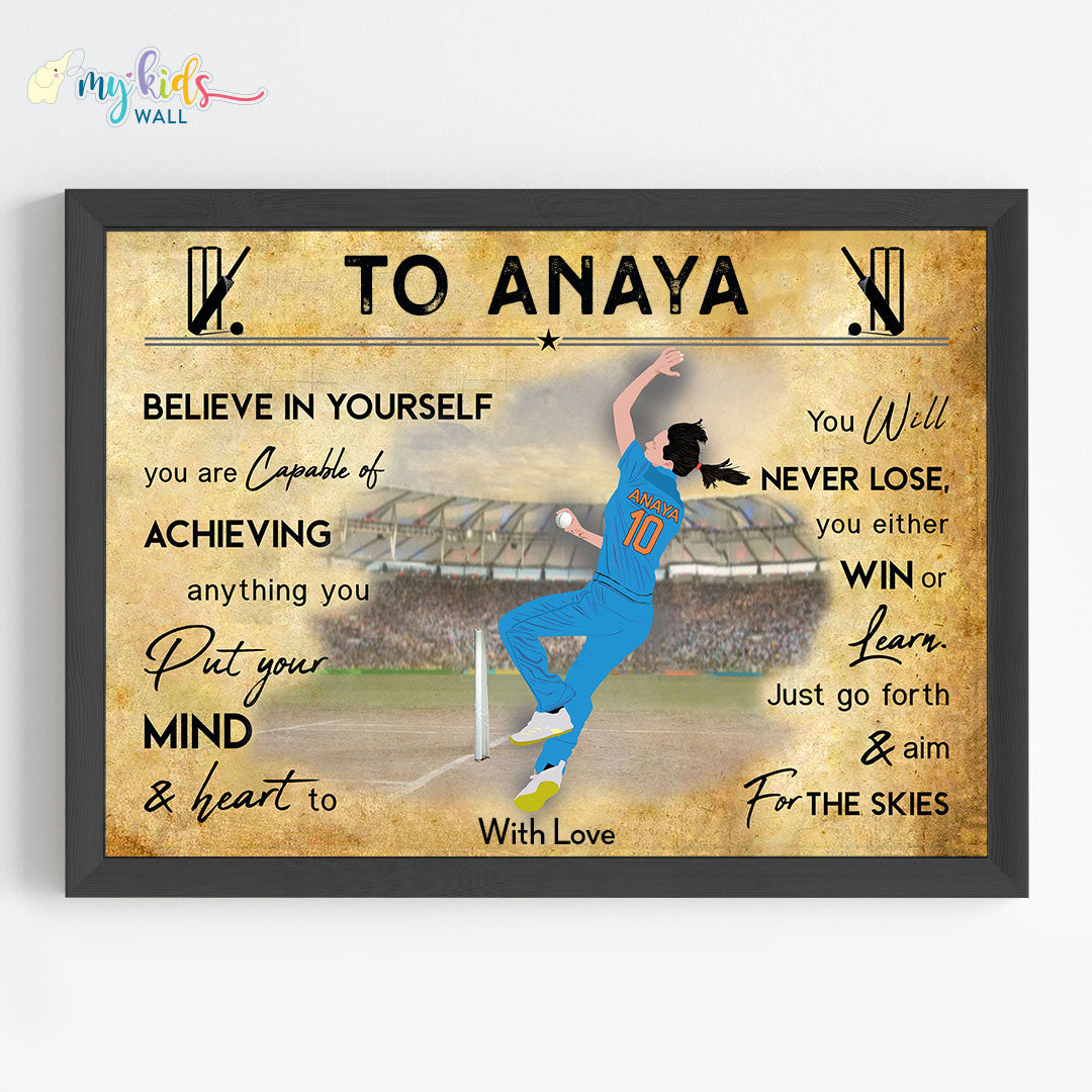 Cricket Bowler Girl Personalized Motivational Wall Art (Framed)