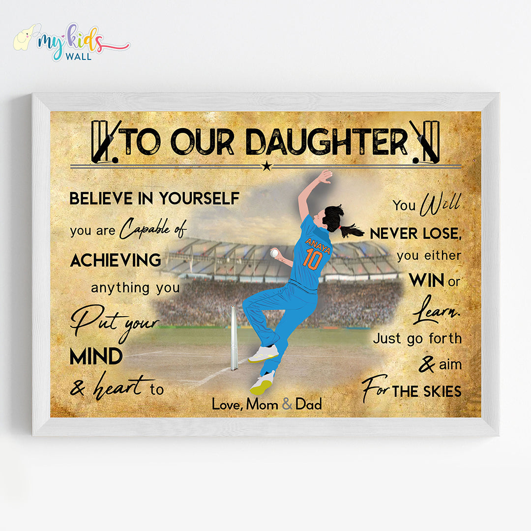 Cricket Bowler Girl Personalized Motivational Wall Art (Framed)