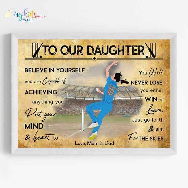 Load image into Gallery viewer, &#39;Cricket Bowler&#39; Girl Personalized Motivational Wall Art (Framed)
