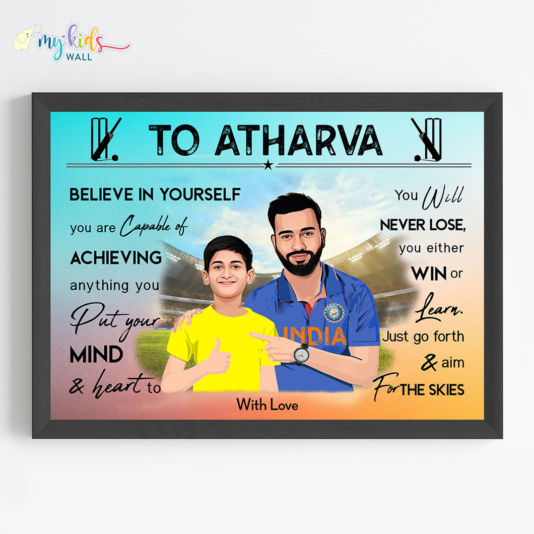 'Cricket Champ with Rohit Sharma' Personalized Motivational Portrait with (Framed) New
