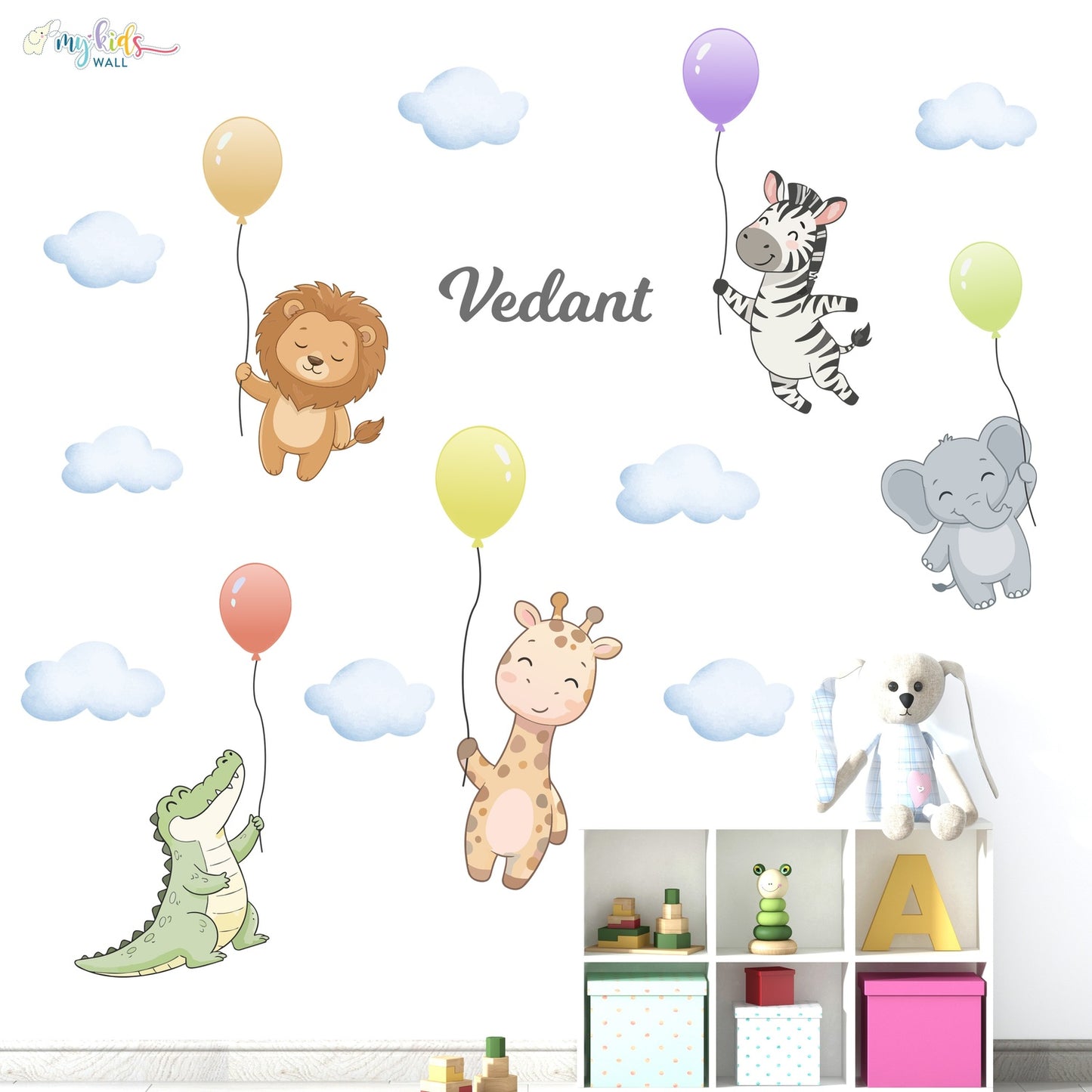 Cute Safari Animals With Balloons Personalized Wall Stickers