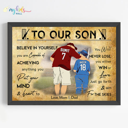 Dad & Son Cricket Personalized Motivational Wall Art (Framed) New