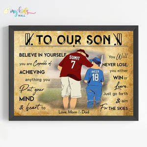 'Dad & Son' Cricket Personalized Motivational Wall Art (Framed) New