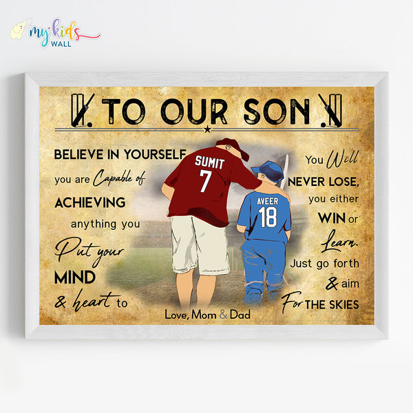 Load image into Gallery viewer, &#39;Dad &amp; Son&#39; Cricket Personalized Motivational Wall Art (Framed) New
