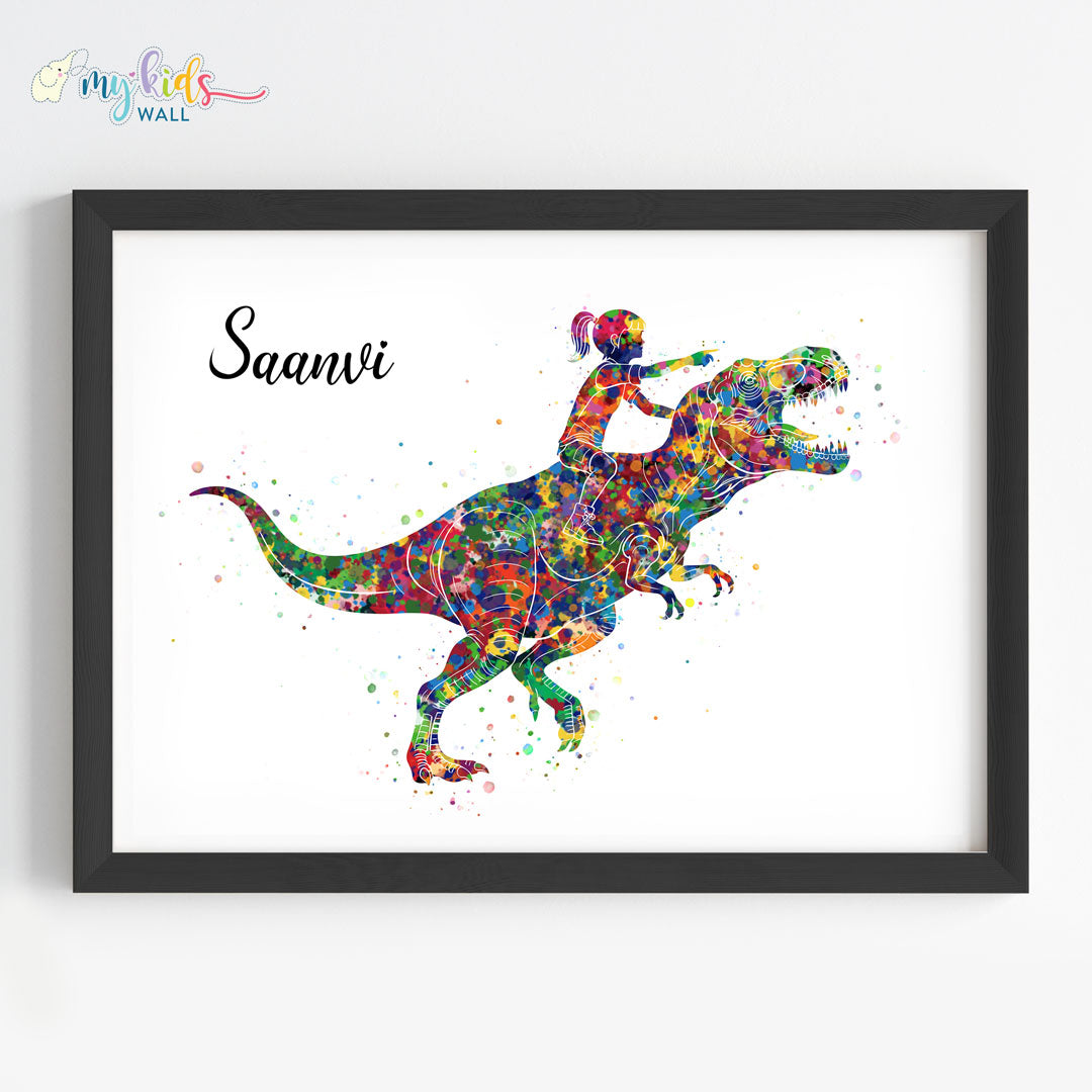 Dinosaur Rider Girl Personalized Wall Art (Framed)