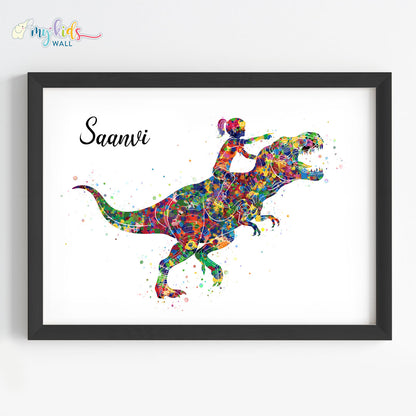 Dinosaur Rider Girl Personalized Wall Art (Framed)