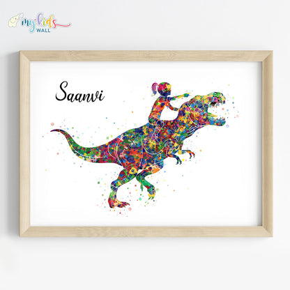 Dinosaur Rider Girl Personalized Wall Art (Framed)