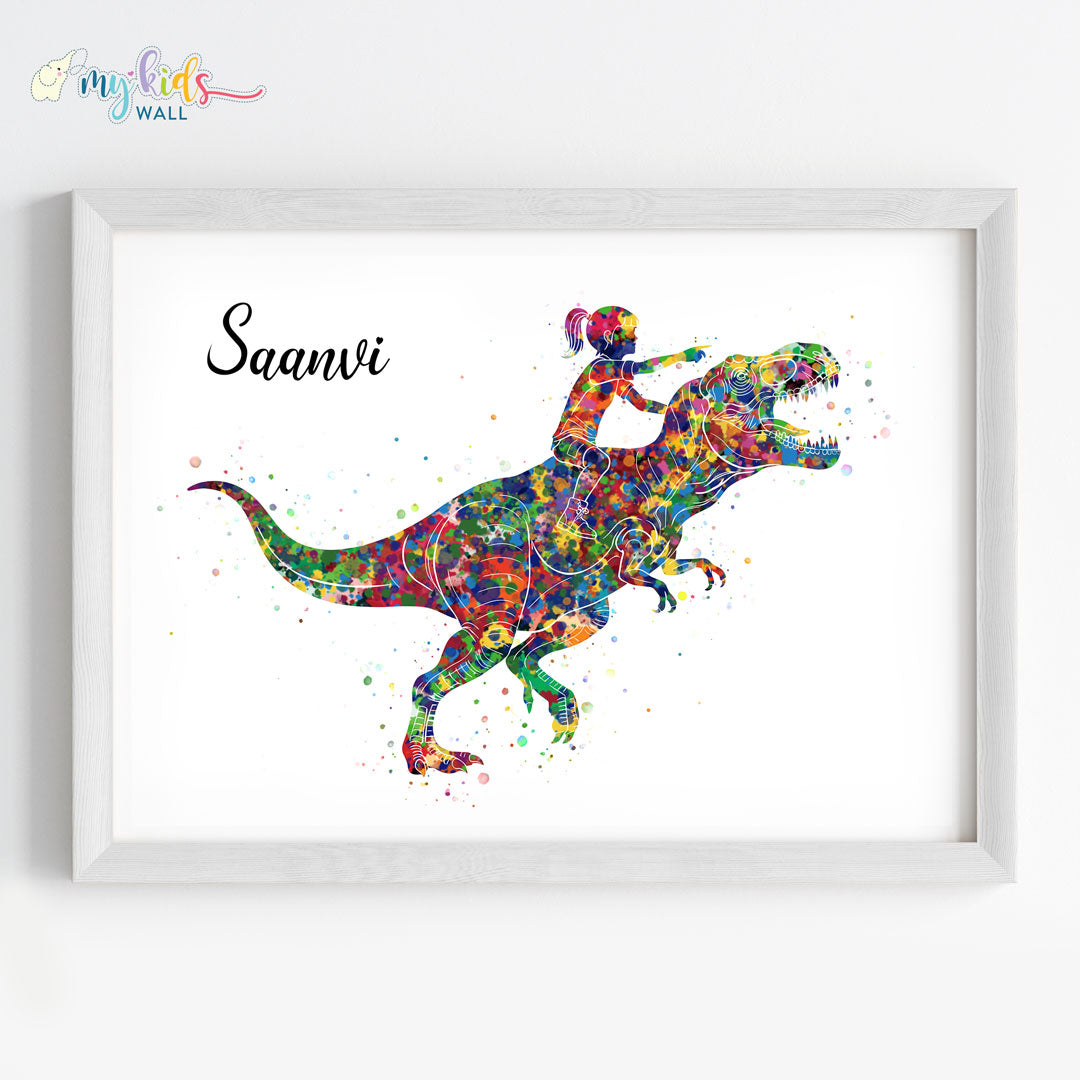 Dinosaur Rider Girl Personalized Wall Art (Framed)