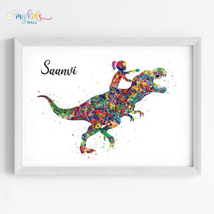 Dinosaur Rider Girl Personalized Wall Art (Framed)