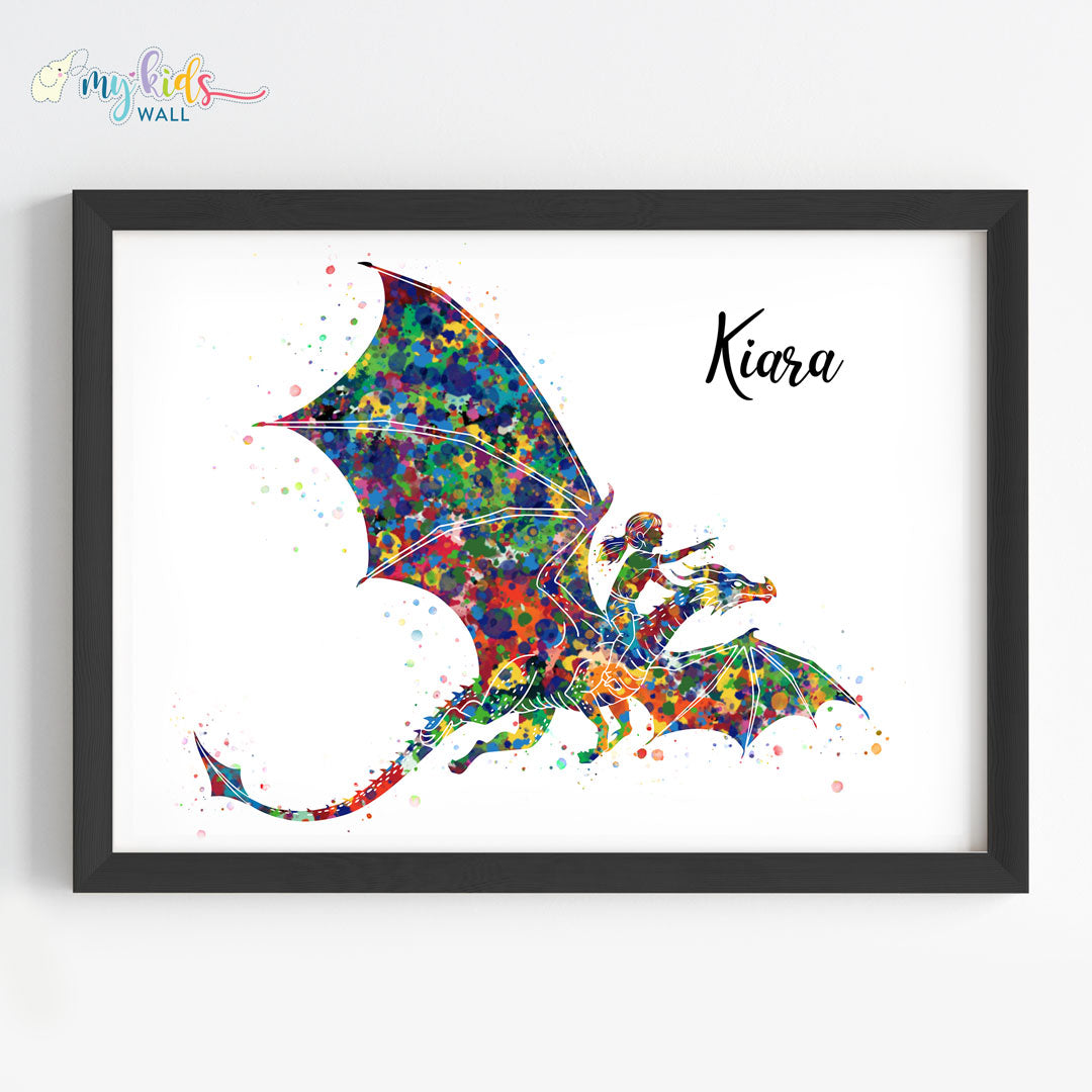 Fantasy Dragon Rider Girl Personalized Wall Art (Framed)