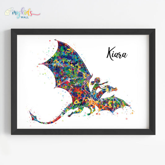 Fantasy Dragon Rider Girl Personalized Wall Art (Framed)