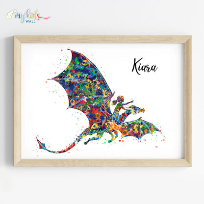 Fantasy Dragon Rider Girl Personalized Wall Art (Framed)