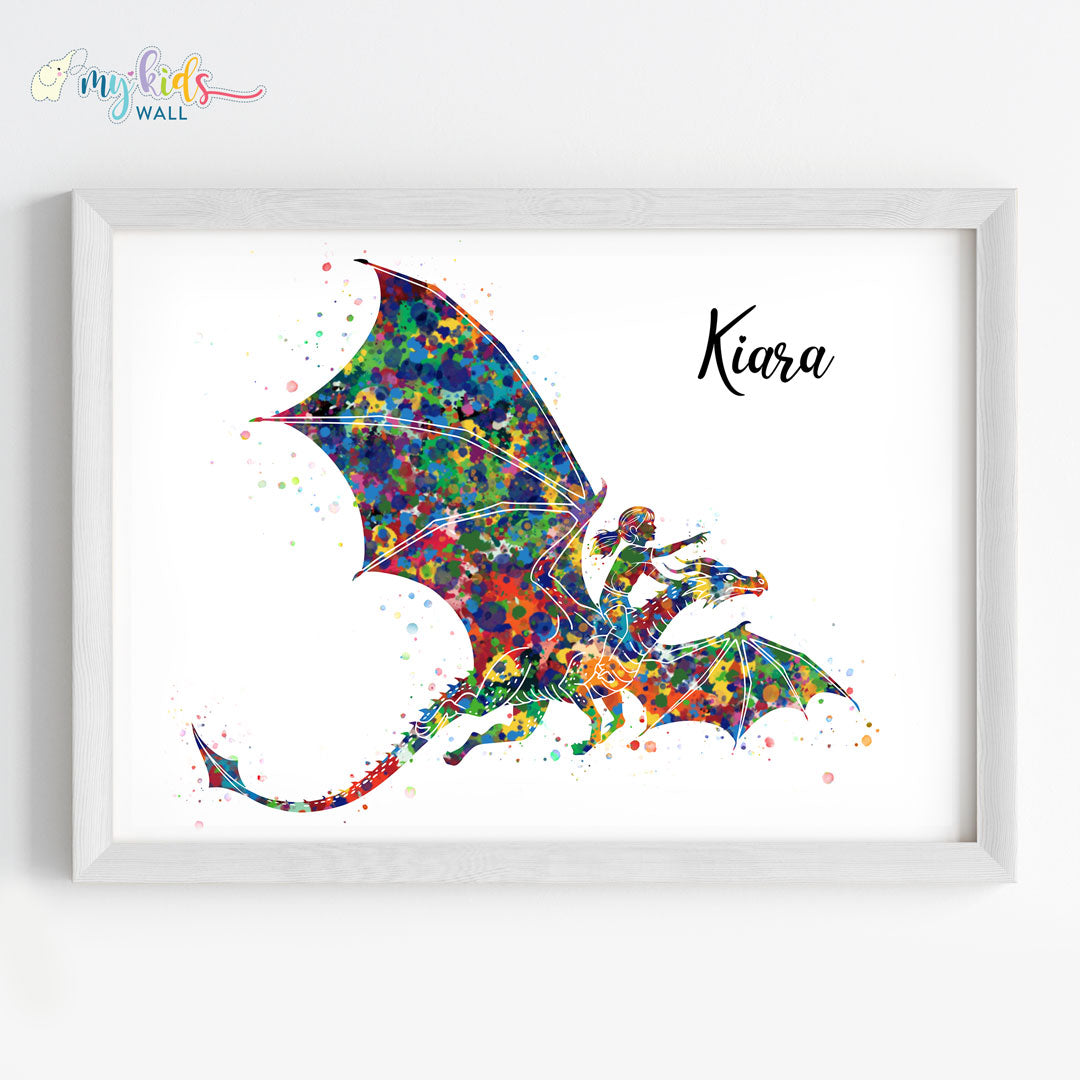 Fantasy Dragon Rider Girl Personalized Wall Art (Framed)