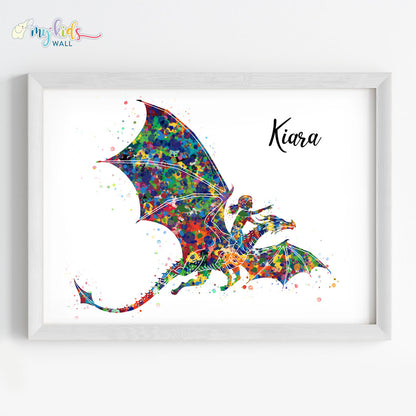 Fantasy Dragon Rider Girl Personalized Wall Art (Framed)