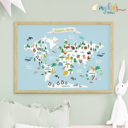 Educational Animal World Map Blue (Framed)