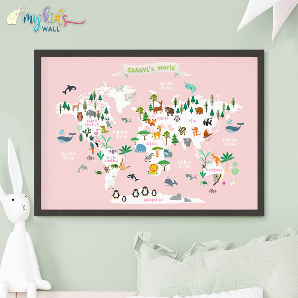 Load image into Gallery viewer, Educational Animal World Map Pink (Framed)

