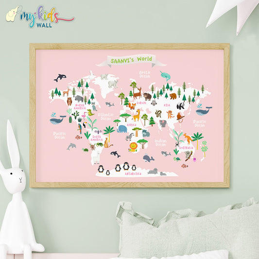 Educational Animal World Map Pink (Framed)