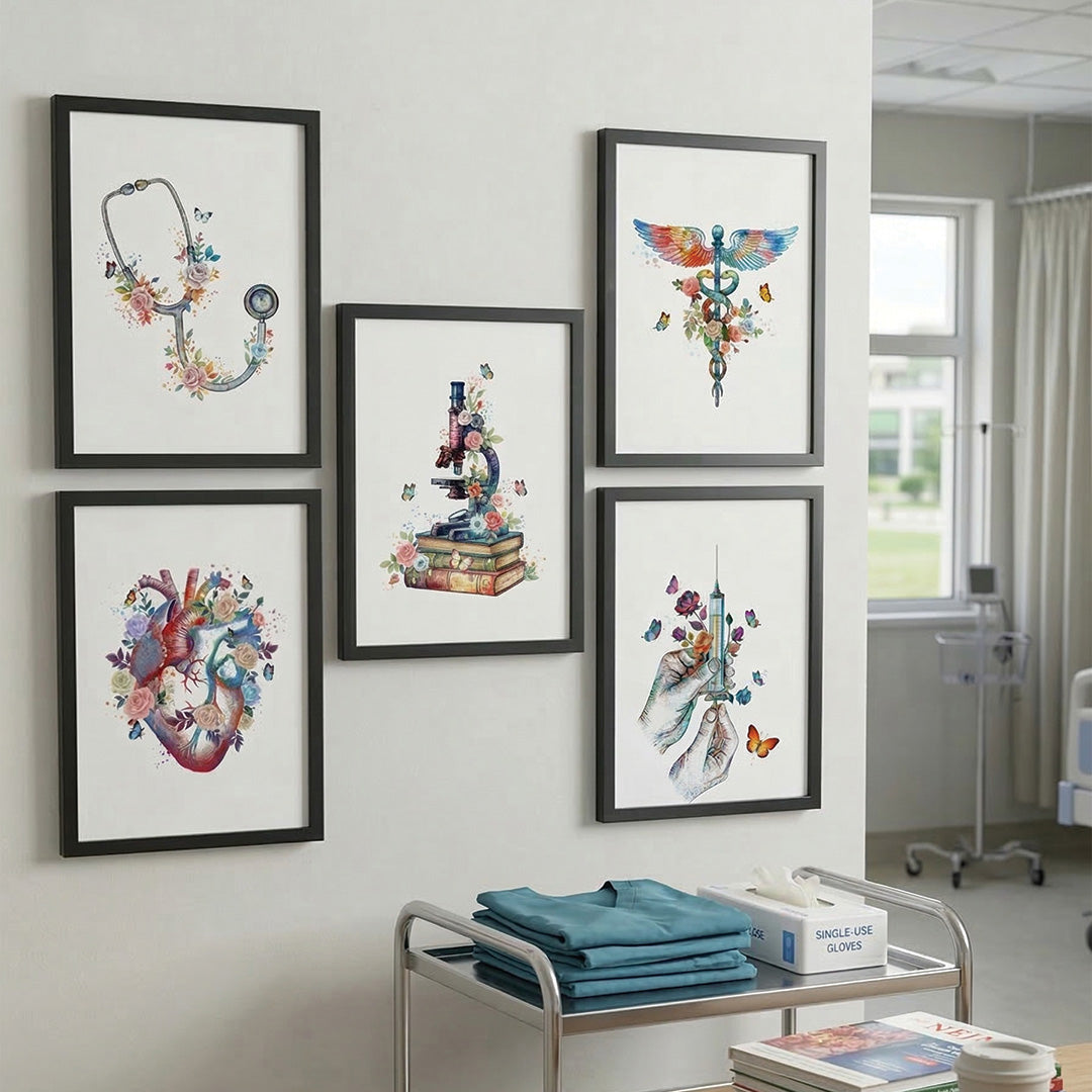 Floral Medical Symbol Watercolor Wall Art Set (Framed)