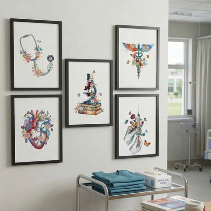 Floral Medical Symbol Watercolor Wall Art Set (Framed)