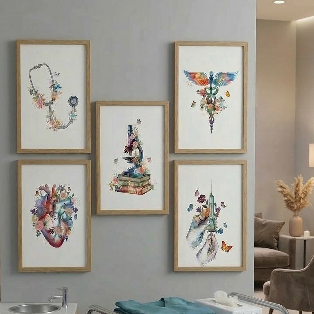 Floral Medical Symbol Watercolor Wall Art Set (Framed)