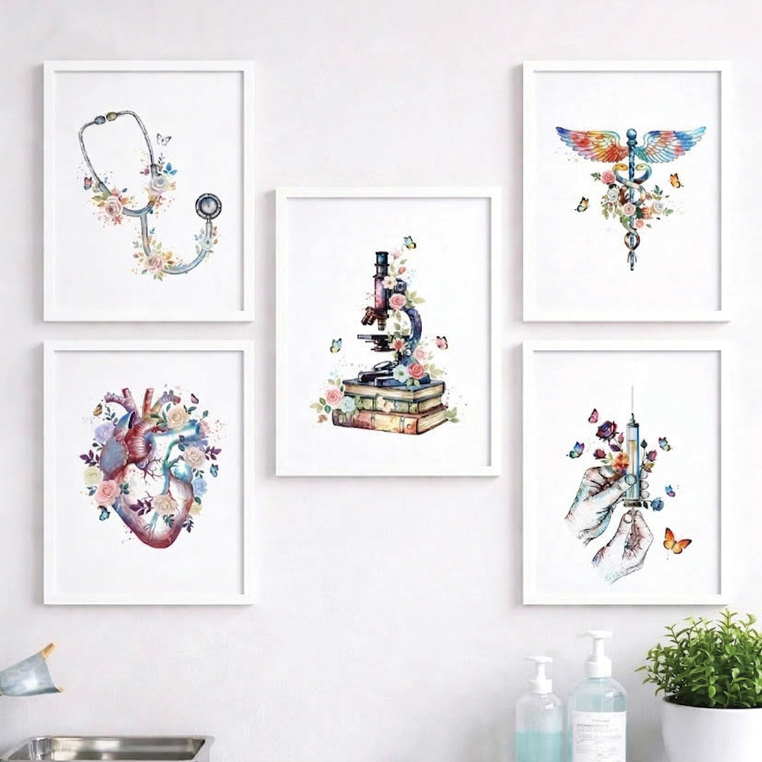 Floral Medical Symbol Watercolor Wall Art Set (Framed)