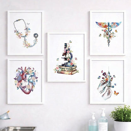 Floral Medical Symbol Watercolor Wall Art Set (Framed)