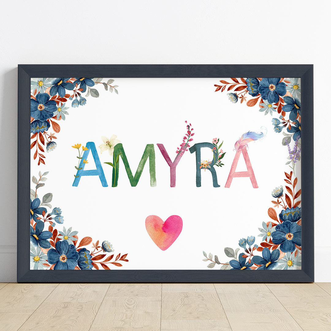 Flowers & Feathers Personalised Name Wall Art (Framed)