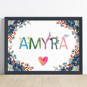 'Flowers & Feathers' Personalised Name Wall Art (Framed)