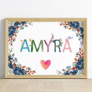 'Flowers & Feathers' Personalised Name Wall Art (Framed)