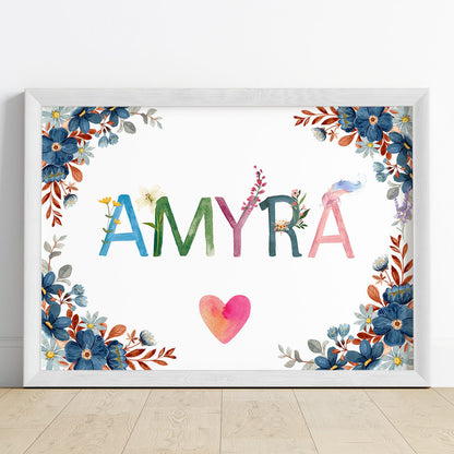 Flowers & Feathers Personalised Name Wall Art (Framed)