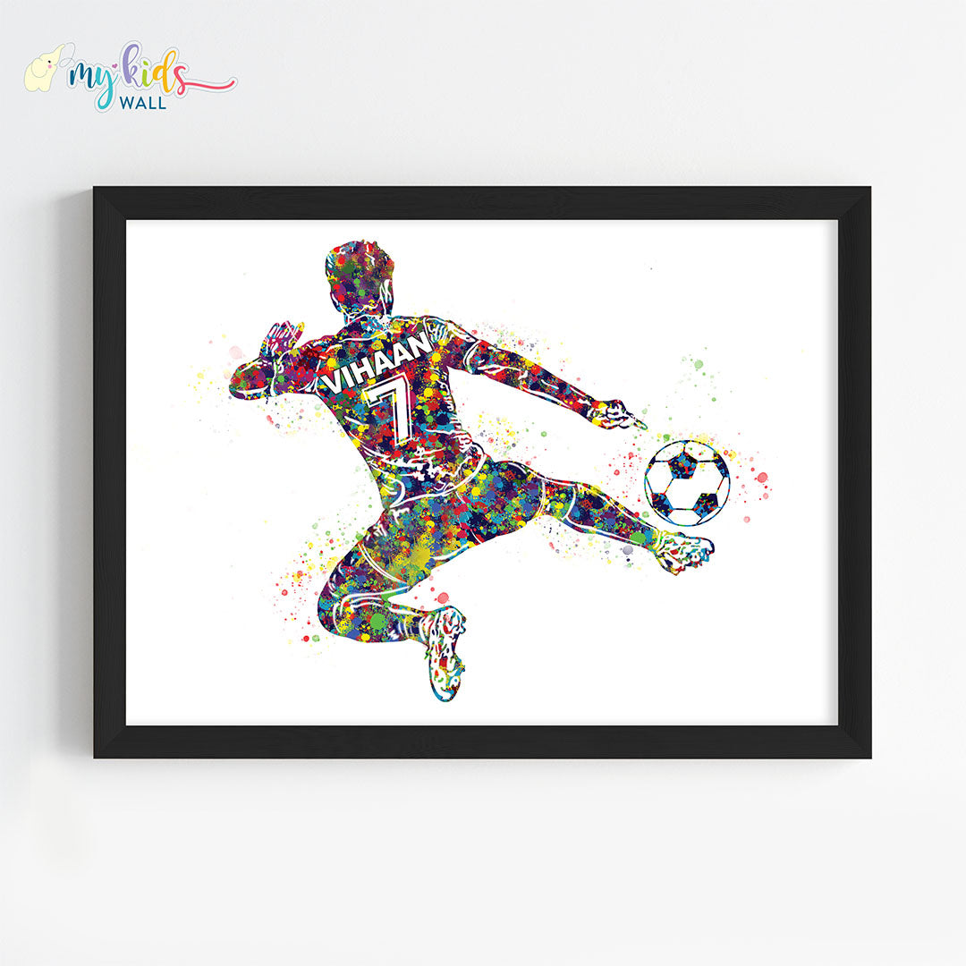 football player jump kick wall art black frame