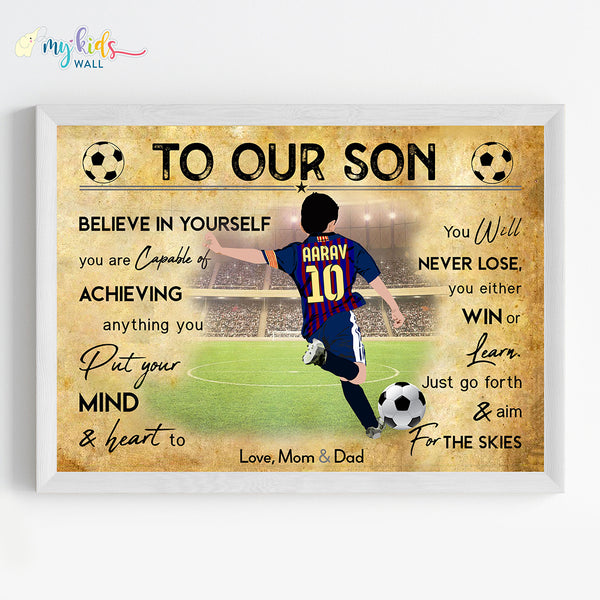Load image into Gallery viewer, &#39;Football Player Boy&#39; Free Kick Personalized Motivational Wall Art (Framed)
