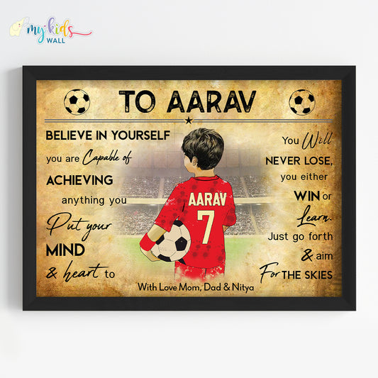 Football Player Personalized Motivational Multicolor Wall Art (Black Frame)