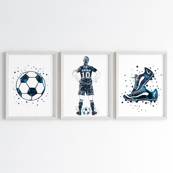 Load image into Gallery viewer, &#39;Football Player&#39; Girl Personalised Wall Art (Framed Set of 3)

