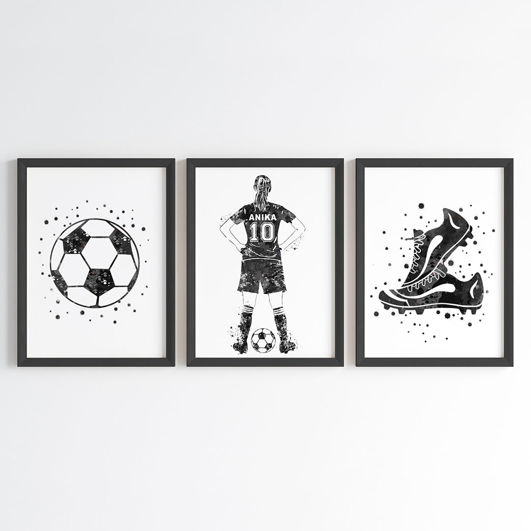 Football Player Girl Personalised Wall Art (Framed Set of 3)