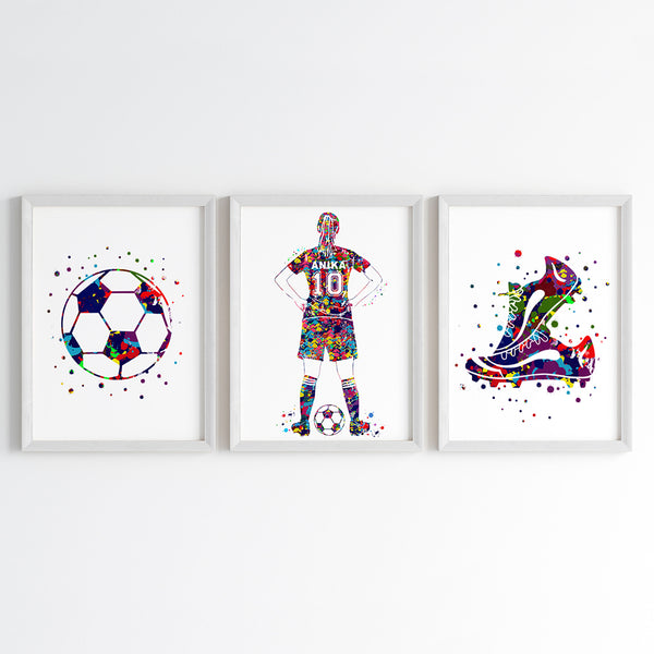 Load image into Gallery viewer, &#39;Football Player&#39; Girl Personalised Wall Art (Framed Set of 3)
