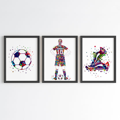 Football Player Girl Personalised Wall Art (Framed Set of 3)