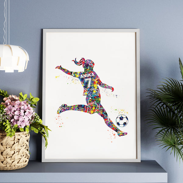Load image into Gallery viewer, &#39;Football Player Kick&#39; Girl Personalized Wall Art (Framed)
