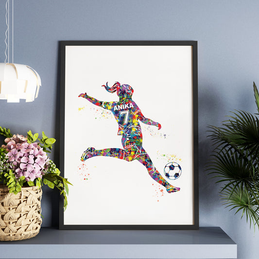 Football Player Kick Girl Personalized Wall Art (Framed)