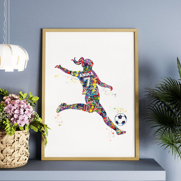 Load image into Gallery viewer, &#39;Football Player Kick&#39; Girl Personalized Wall Art (Framed)
