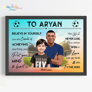 'Football Champ with Mbappe' Personalized Motivational Portrait (Framed) New