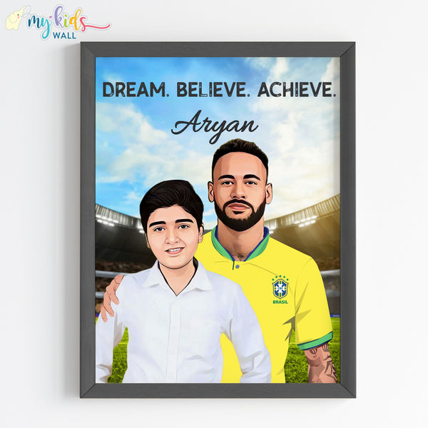 Load image into Gallery viewer, &#39;Football Champ with Neymar&#39; Personalized Portrait (Framed)
