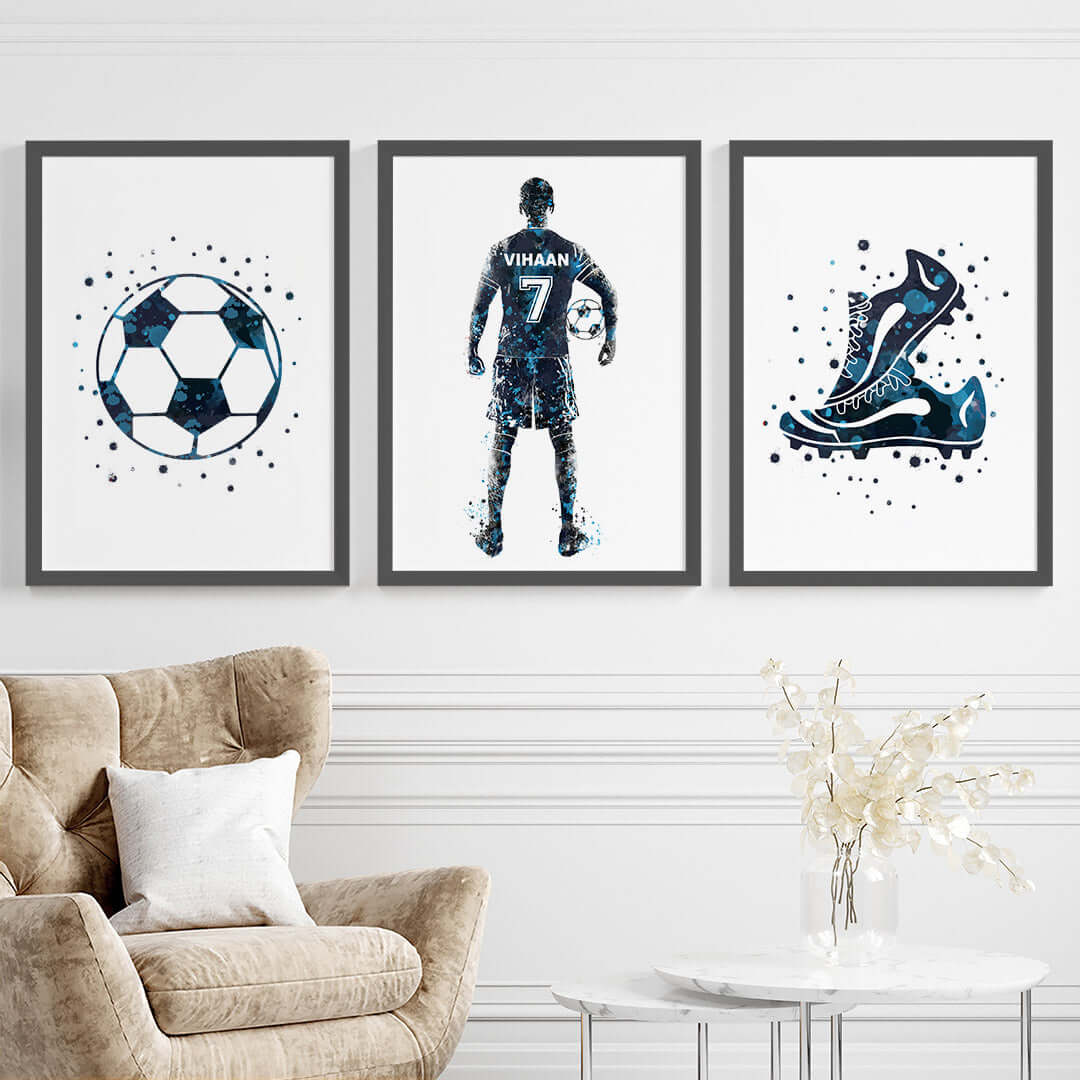 Inspirational blue football player boy set of 3 wall art black frame