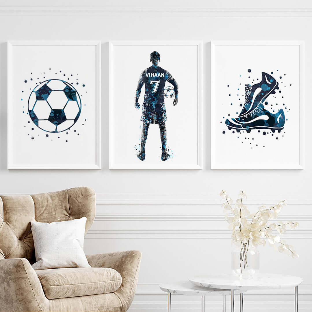 Inspirational blue football player boy set of 3 wall art white frame