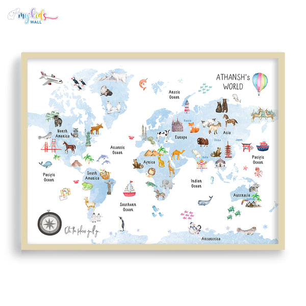 Load image into Gallery viewer, Fun &amp; Learn Blue Animals World Map (Framed)
